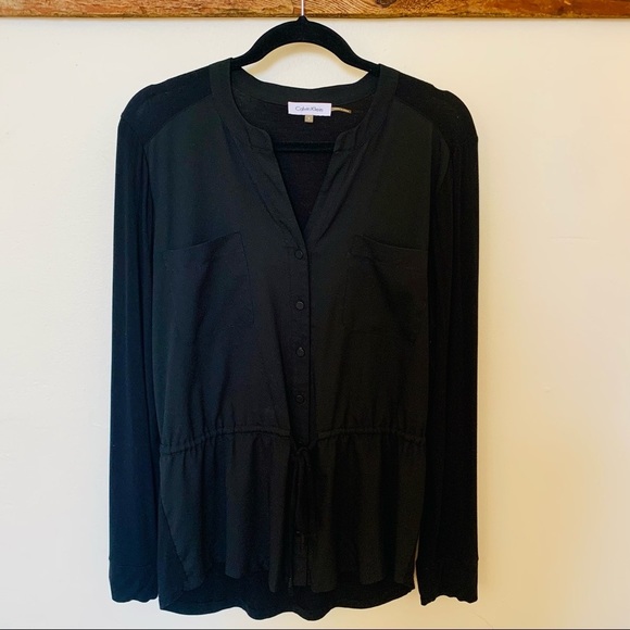 CLEARANCE Calvin Klein—Button Down Blouse, Drop Waist Tie (Black, Medium) - Picture 1 of 5